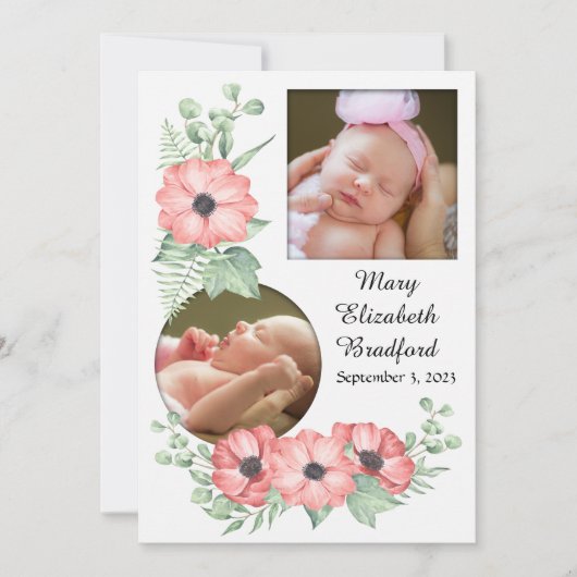 Girl Birth Announcement Flower Photo Card Aankondiging (Voorkant)