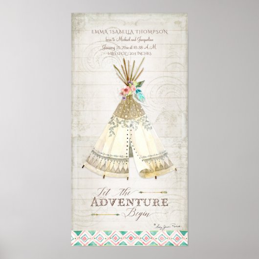 Girl Birth Info Tribal Boho Adventure Teepee Arrow Poster (Voorkant)
