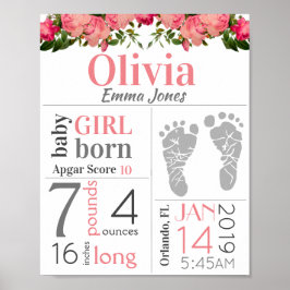 Girl Birth Stat Sign Roze Floral Footprint USA Poster
