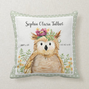 Girl Birth Stats Owl Waterverf Woodland Animal Kussen