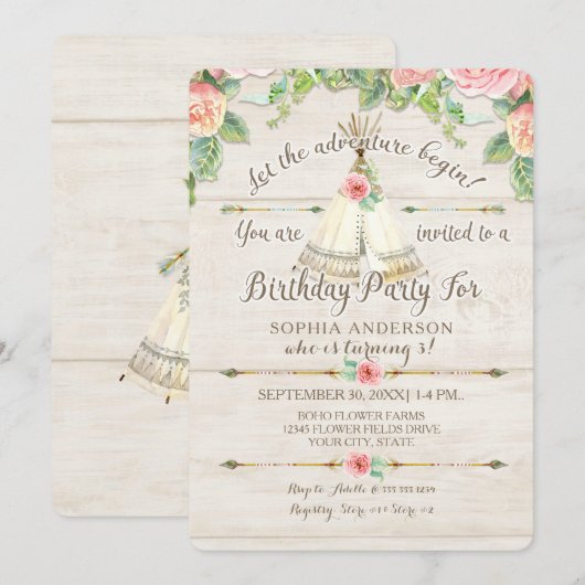 Girl Birthday Adventure BOHO Teepee Arrow Wood Kaart (Voorkant / Achterkant)