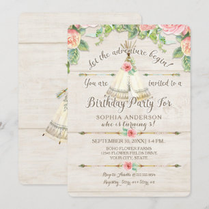 Girl Birthday Adventure BOHO Teepee Arrow Wood Kaart