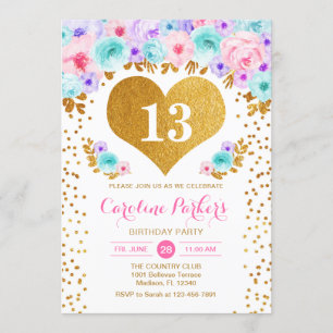 Girl Birthday Party - Gold Heart Blauwgroen Paars  Kaart