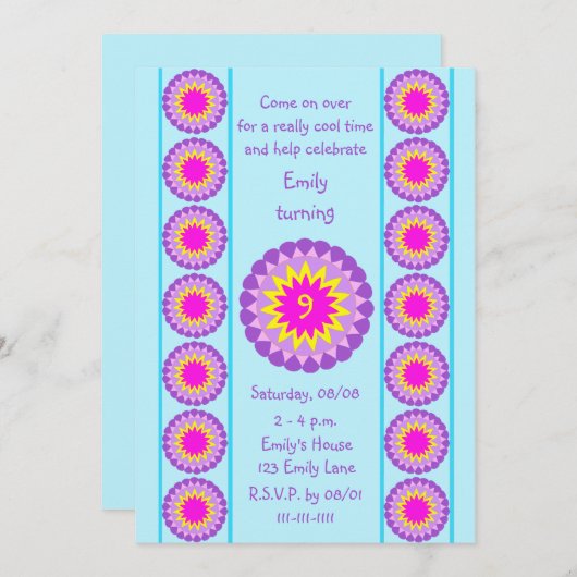 Girl Birthday Party Invision Any Age Cool Blue Kaart (Voorkant / Achterkant)