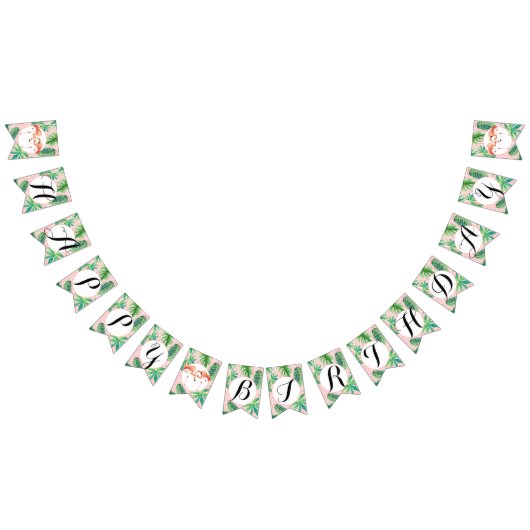 Girl Birthday Party Pink Flamingo Leaf Waterverf Vlaggetjes (Alle)