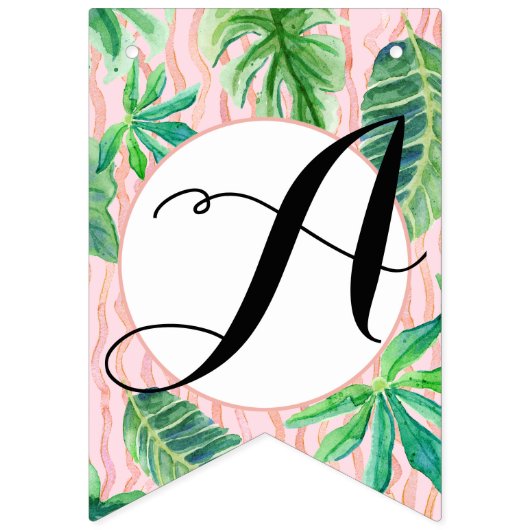 Girl Birthday Party Pink Flamingo Leaf Waterverf Vlaggetjes (Derde vlag)