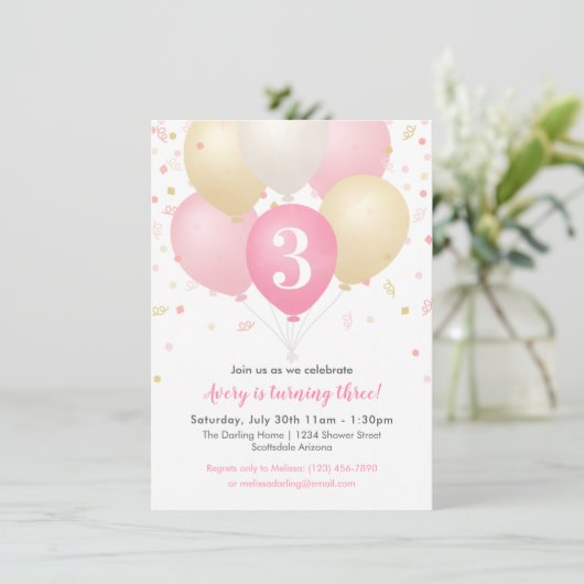 Girl Birthday Party Pink, Gold & White ballonnen Kaart (Staand voorkant)