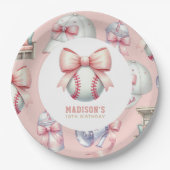 Girl Birthday Personalized Pink Baseball Bow Papieren Bordje (Voorkant)