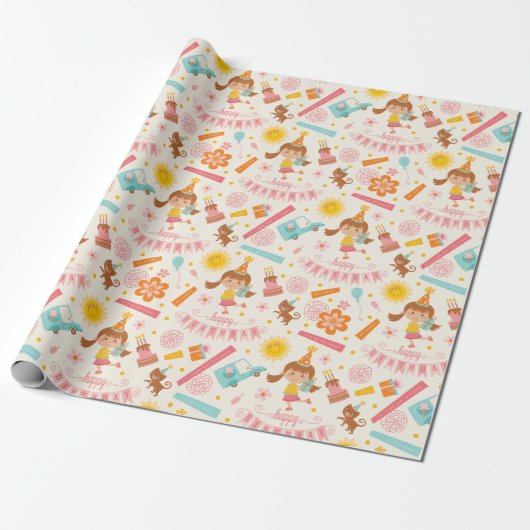 Girl Birthday Pink Cadeaupapier (Uitgerold)