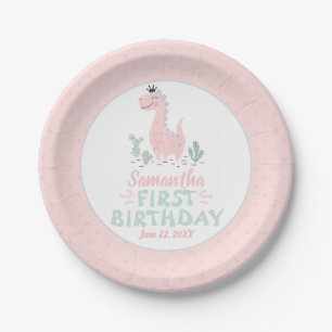 Girl Birthday Waterverf Pink & Turquoise Dinosaur Papieren Bordje