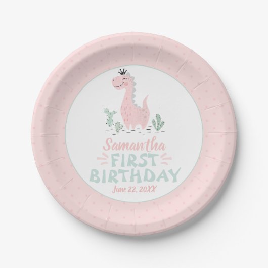 Girl Birthday Waterverf Pink & Turquoise Dinosaur Papieren Bordje (Voorkant)
