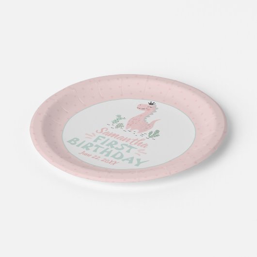 Girl Birthday Waterverf Pink & Turquoise Dinosaur Papieren Bordje (Gekanteld)