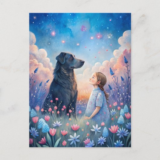 Girl Black Dog Starry Night Sky Briefkaart (Voorkant)