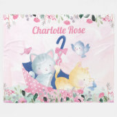 Girl Blanket met roze bloemen en Cute Kittens Fleece Deken (Voorkant (Horizontaal))