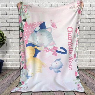 Girl Blanket met roze bloemen en Cute Kittens Sherpa Deken