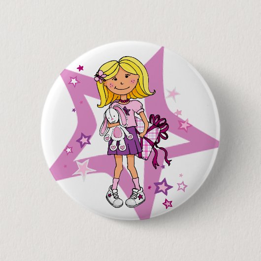 Girl blonde haar met cadeau sterry-knop ronde button 5,7 cm (Voorkant)