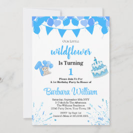 Girl Blue Bear 1st Birthday Invitation Card Kaart