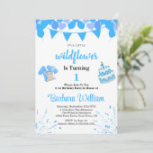 Girl Blue Bear 1st Birthday Invitation Card Kaart (Staand voorkant)