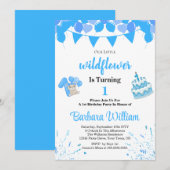 Girl Blue Bear 1st Birthday Invitation Card Kaart (Voorkant / Achterkant)