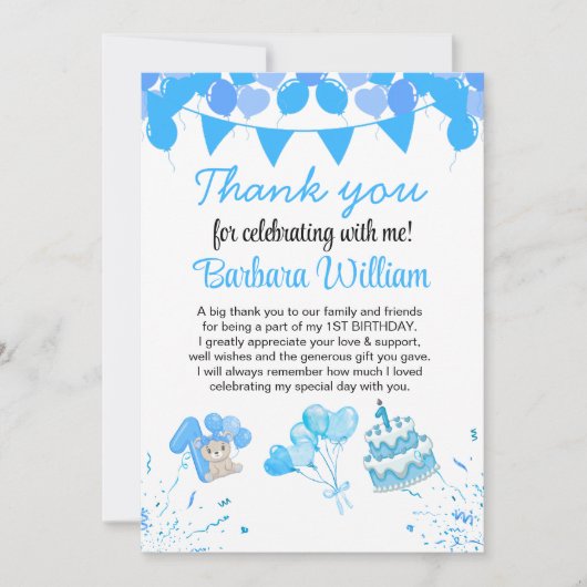 Girl Blue Bear 1st Birthday Thank You Card (Voorkant)