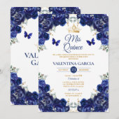Girl Blue Quinceañera 15 Anos Flowers Gold Crown Kaart (Voorkant / Achterkant)