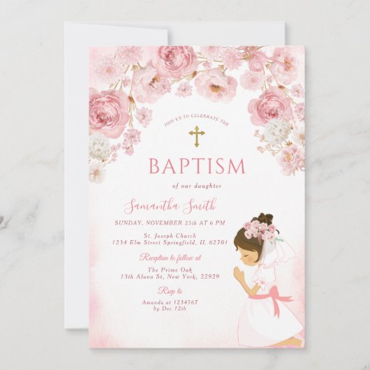 Girl Blush Pink Bow Floral Cross Girl Baptism Kaart (Voorkant)