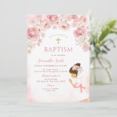 Girl Blush Pink Bow Floral Cross Girl Baptism Kaart (Staand voorkant)