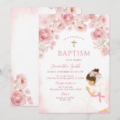 Girl Blush Pink Bow Floral Cross Girl Baptism Kaart (Voorkant / Achterkant)