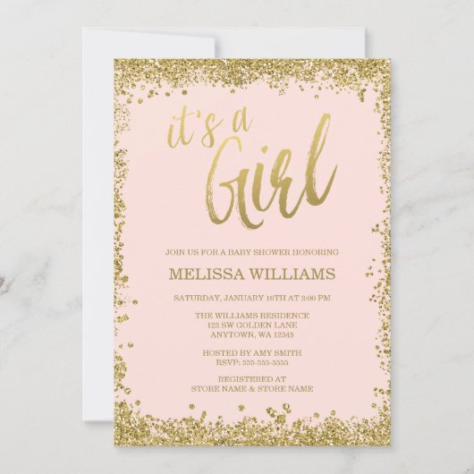 Girl Blush Pink Faux Gold Glitter Baby shower Kaart (Voorkant)