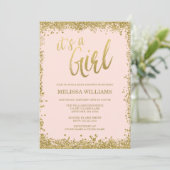 Girl Blush Pink Faux Gold Glitter Baby shower Kaart (Staand voorkant)