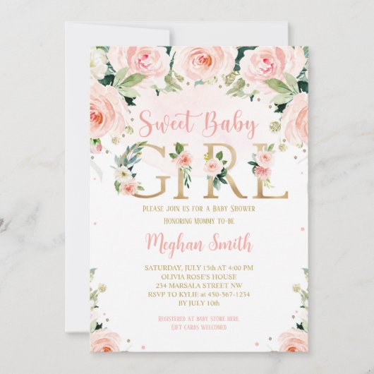 Girl Blush Pink Floral Baby shower Uitnodiging (Voorkant)