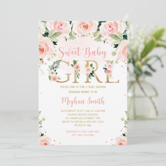 Girl Blush Pink Floral Baby shower Uitnodiging (Staand voorkant)