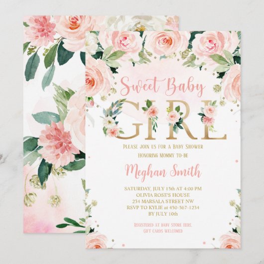 Girl Blush Pink Floral Baby shower Uitnodiging (Voorkant / Achterkant)