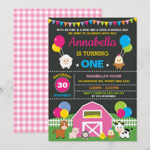 Girl Boerderij Barnyard Animals Pink Birthday Part Kaart