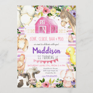 Girl Boerderij Birthday Invitation roze en paars Kaart