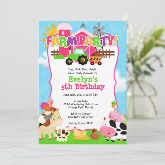 Girl Boerderij Invitation - Boerderij Birthday for Kaart (Staand voorkant)