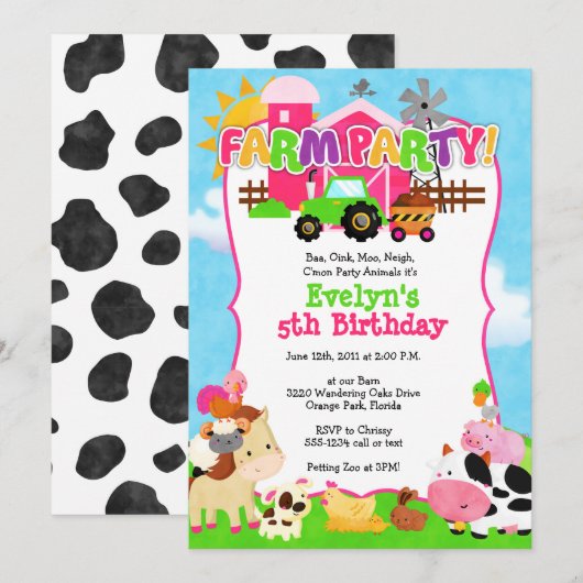 Girl Boerderij Invitation - Boerderij Birthday for Kaart (Voorkant / Achterkant)