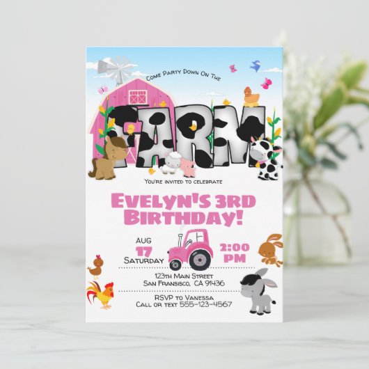 Girl Boerderij Thema Birthday Party Invitation Kaart (Staand voorkant)