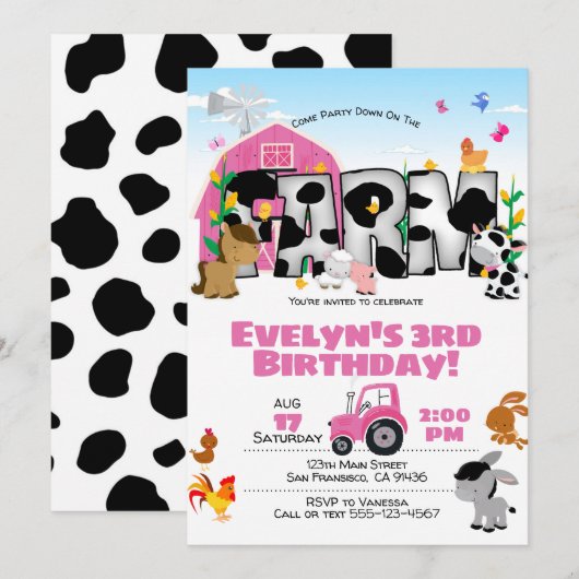Girl Boerderij Thema Birthday Party Invitation Kaart (Voorkant / Achterkant)
