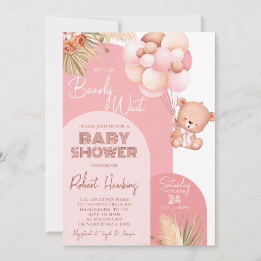 Girl Boho Arch Teddy Bear Barly Wait Baby shower Kaart (Voorkant)