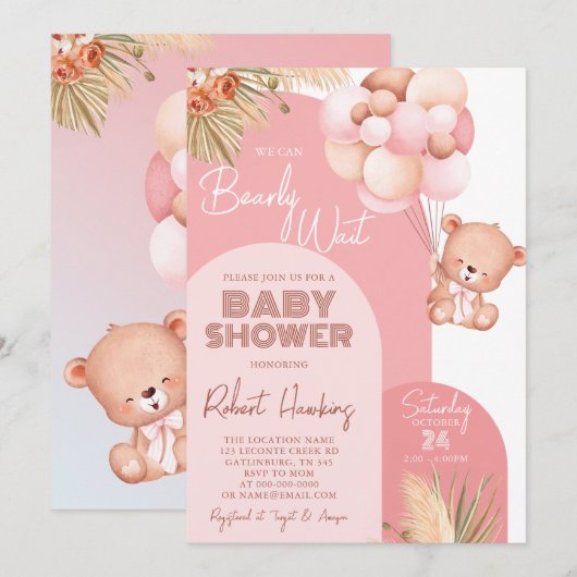 Girl Boho Arch Teddy Bear Barly Wait Baby shower Kaart (Voorkant / Achterkant)