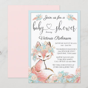 Girl Boho Fox Pink Blauwgroen Gold Baby shower Kaart