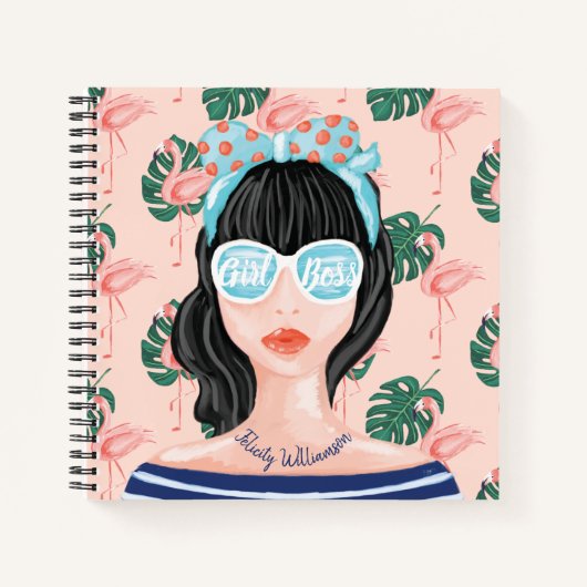 Girl Boss | Beach Beauty Retro Tropical Flamingo Notitieboek (Voorkant)