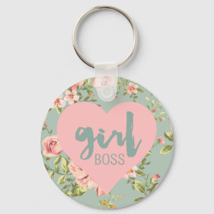 Girl Boss Pink en Blue Floral Heart Pattern Sleutelhanger