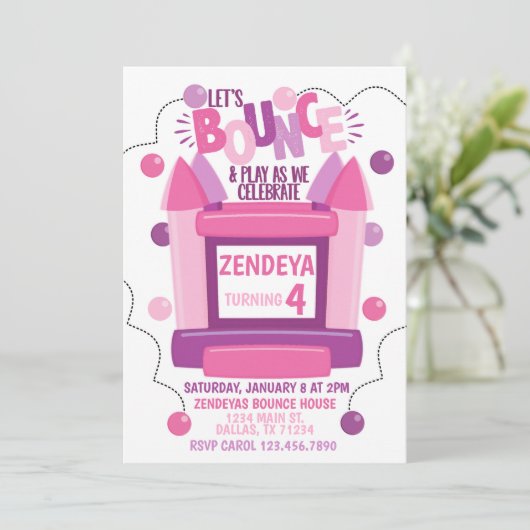 Girl Bounce House Verjaardagsfeestje Uitnodiging (Staand voorkant)
