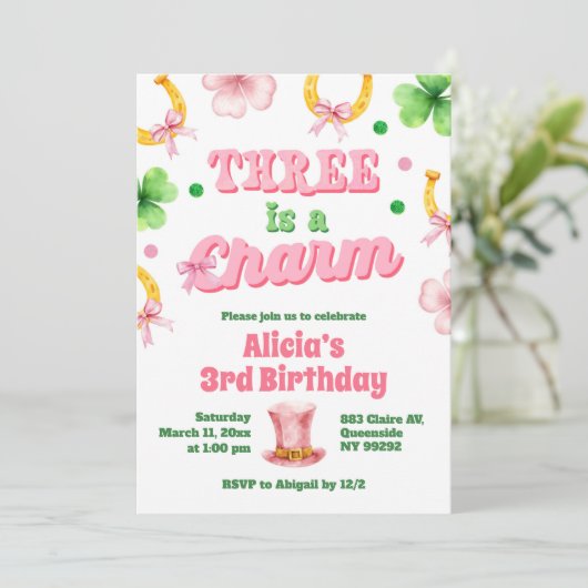 Girl Bow Glitter three is a charm St Patrick Kaart (Staand voorkant)