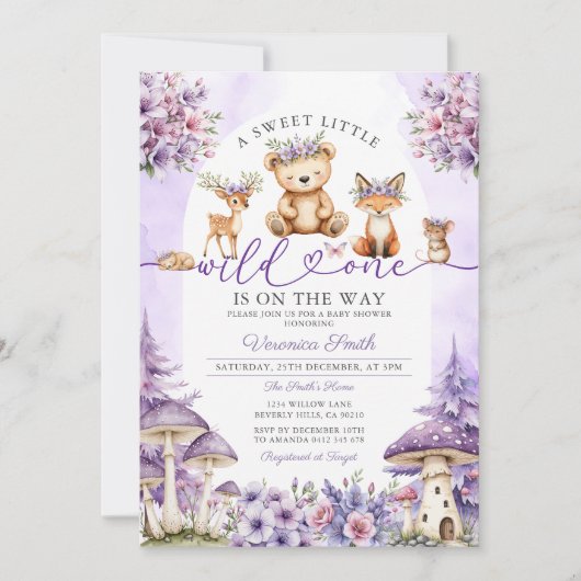Girl Bow Paarse Deer Woodland Wild One Baby shower Kaart (Voorkant)