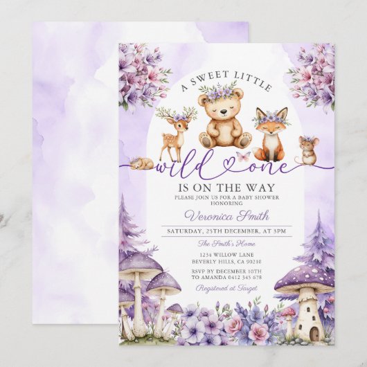 Girl Bow Paarse Deer Woodland Wild One Baby shower Kaart (Voorkant / Achterkant)