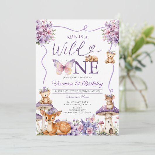 Girl Bow Paarse Herten Woodland Wild One Birthday Kaart (Staand voorkant)