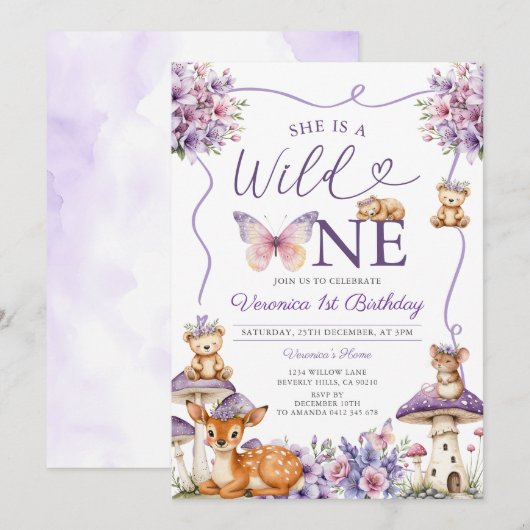 Girl Bow Paarse Herten Woodland Wild One Birthday Kaart (Voorkant / Achterkant)